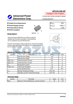 AP2301GN-HF datasheet - Simple Drive Requirement, Surface Mount Device