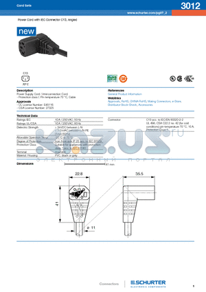 3012 datasheet - Power Cord with IEC Connector C13, Angled