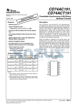 CD74ACT191 datasheet - Presettable Synchronous 4-Bit Binary Up/Down Counter