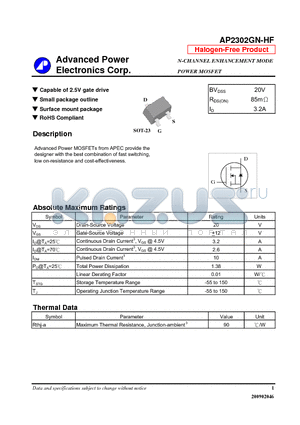 AP2302GN-HF datasheet - Capable of 2.5V gate drive, Small package outline