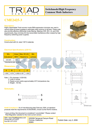 CME2425-3 datasheet - SWITCHMODE/HIGH FREQUENCY - COMMON MODE INDUCTORS