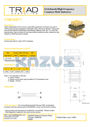 CME2425-7 datasheet - Switchmode/High Frequency Common Mode Inductors