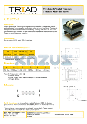 CME375-2 datasheet - Switchmode/High Frequency Common Mode Inductors