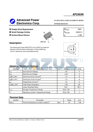 AP2303N datasheet - P-CHANNEL ENHANCEMENT MODE