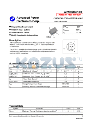 AP2305CGN-HF datasheet - Simple Drive Requirement, Small Package Outline