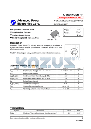 AP2306AGEN-HF datasheet - Capable of 2.5V Gate Drive, Small Outline Package