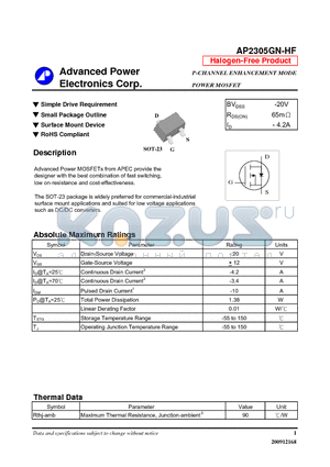 AP2305GN-HF datasheet - Simple Drive Requirement, Small Package Outline