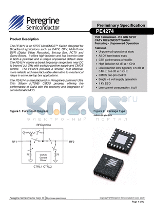 4274-01 datasheet - 75Y Terminated - 2.2 GHz SPDT CATV UltraCMOS Switch