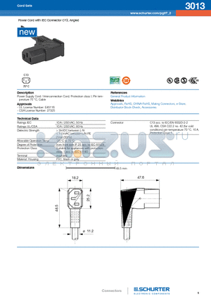 3013 datasheet - Power Cord with IEC Connector C13, Angled