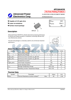 AP2306AGN datasheet - N-CHANNEL ENHANCEMENT MODE POWER MOSFET