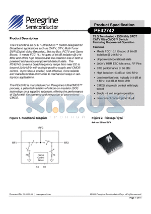 42742-00 datasheet - 75 Y Terminated - 2200 MHz SPDT CATV UltraCMOS Switch Featuring Unpowered Operation