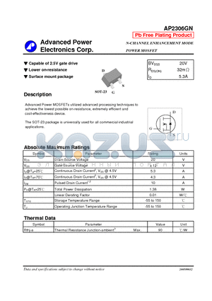 AP2306GN datasheet - N-CHANNEL ENHANCEMENT MODE POWER MOSFET