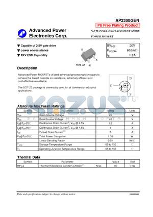 AP2308GEN datasheet - N-CHANNEL ENHANCEMENT MODE POWER MOSFET