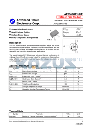 AP2309GEN-HF datasheet - Simple Drive Requirement, Small Package Outline