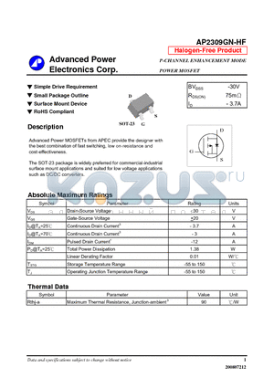 AP2309GN-HF datasheet - Simple Drive Requirement, Small Package Outline
