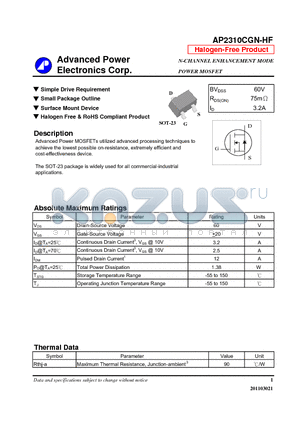 AP2310CGN-HF datasheet - Simple Drive Requirement, Small Package Outline, Surface Mount Device