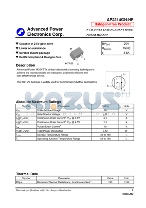 AP2314GN-HF datasheet - Capable of 2.5V gate drive, Lower on-resistance