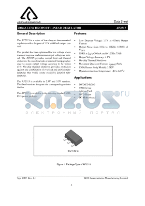 AP2315 datasheet - 600mA LOW DROPOUT LINEAR REGULATOR