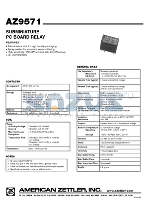 AZ9571 datasheet - SUBMINIATURE PC BOARD RELAY