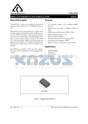 AP2316 datasheet - 600mA LOW DROPOUT LINEAR REGULATOR