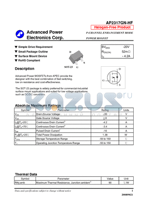 AP2317GN-HF datasheet - Simple Drive Requirement, Small Package Outline