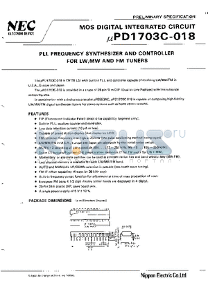 D1703C datasheet - PLL FREQUENCY SYMTHESIZER AND CONTROLLER FOR LM,MW AND FM TUNER