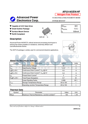 AP2318GEN-HF datasheet - Capable of 2.5V Gate Drive, Small Outline Package
