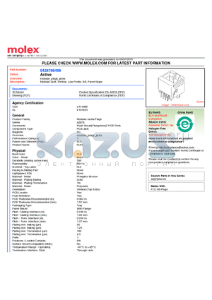 42878-8408 datasheet - Modular Jack, Vertical, Low Profile, 8/8, Panel Stops