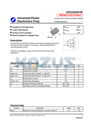 AP2324GN-HF datasheet - Capable of 2.5V gate drive, Lower Gate Charge