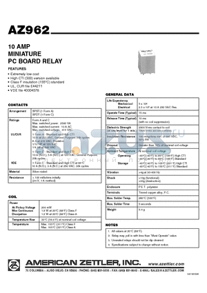 AZ962-1A-12DH datasheet - 10 AMP MINIATURE PC BOARD RELAY