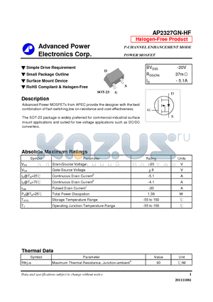 AP2327GN-HF datasheet - Simple Drive Requirement, Small Package Outline