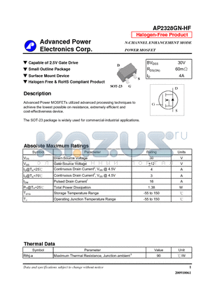 AP2328GN-HF datasheet - Capable of 2.5V Gate Drive, Small Outline Package