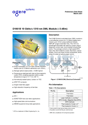 D1861B datasheet - D1861B 10 Gbits/s 1310 nm DML Module (-3 dBm)