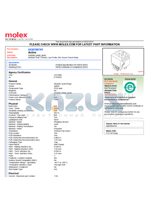 42878-8744 datasheet - Modular Jack, Vertical, Low Profile, 8/6, Keyed, Panel Stops