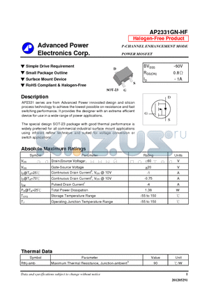 AP2331GN-HF datasheet - Simple Drive Requirement, Small Package Outline, Surface Mount Device