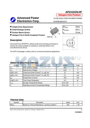 AP2332GN-HF datasheet - N-CHANNEL ENHANCEMENT MODE POWER MOSFET