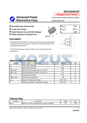 AP2334GN-HF datasheet - Fast Switching Characteristic, Lower Gate Charge