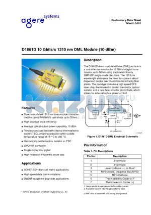 D1861D050 datasheet - D1861D 10 Gbits/s 1310 nm DML Module (10 dBm)