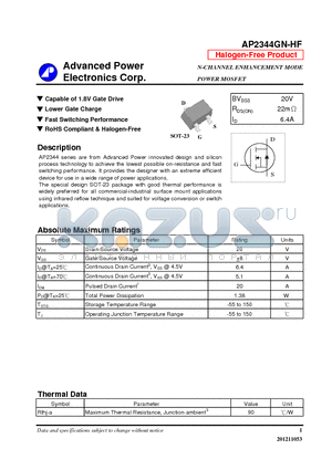 AP2344GN-HF datasheet - Capable of 1.8V Gate Drive, Lower Gate Charge