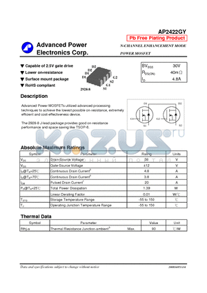 AP2422GY datasheet - N-CHANNEL ENHANCEMENT MODE POWER MOSFET