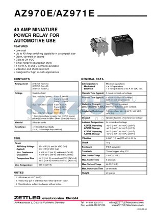 AZ970E-1A-12D datasheet - 40 AMP MINIATURE POWER RELAY FOR AUTOMOTIVE USE