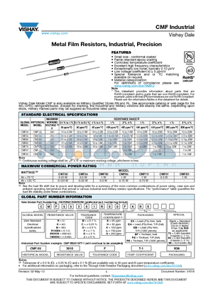 CMF20120R00JNR6 datasheet - Metal Film Resistors, Industrial, Precision
