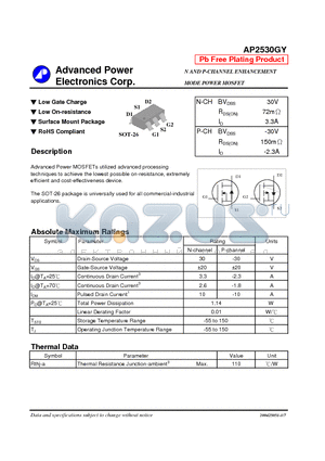 AP2530GY datasheet - N AND P-CHANNEL ENHANCEMENT MODE POWER MOSFET