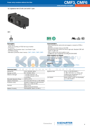 CMF3 datasheet - IEC Appliance Inlet C6 with Line Switch 1-pole