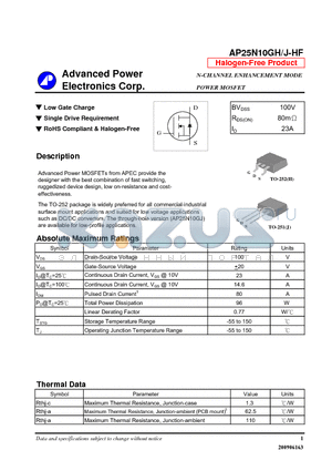 AP25N10GH-HF datasheet - N-CHANNEL ENHANCEMENT MODE POWER MOSFET