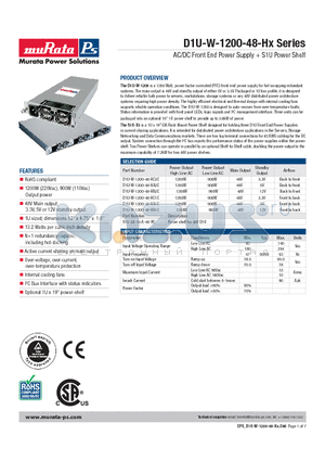 D1U-W-1200-48-HB1C datasheet - AC/DC Front End Power Supply  S1U Power Shelf