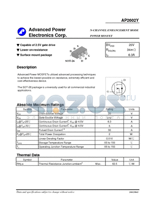 AP2602Y datasheet - N-CHANNEL ENHANCEMENT MODE POWER MOSFET