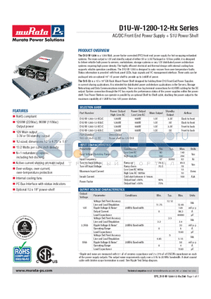 D1U-W-1200-12-HA1C datasheet - AC/DC Front End Power Supply  S1U Power Shelf