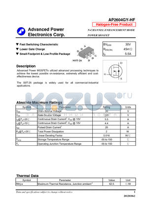 AP2604GY-HF datasheet - Fast Switching Characteristic, Lower Gate Charge