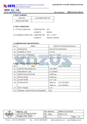 CMF33C1827S45A datasheet - DIELECTRIC FILTER SPECIFICATION